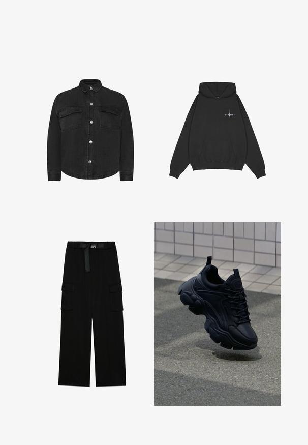 Sort denimjakke med lange ærmer, krave, forlommer og sølvfarvede trykknapper. Glat tekstur, lige snit.; Pegador Hættetrøje - washed black; Sorte cargo bukser med vidde ben, elastisk talje med bælte og to store sidelommer til opbevaring.; Sort lædersneaker med et kraftigt design, der har en tykk sål, teksturerede paneler og sorte snørebånd. Svævende over en grå belægning.
