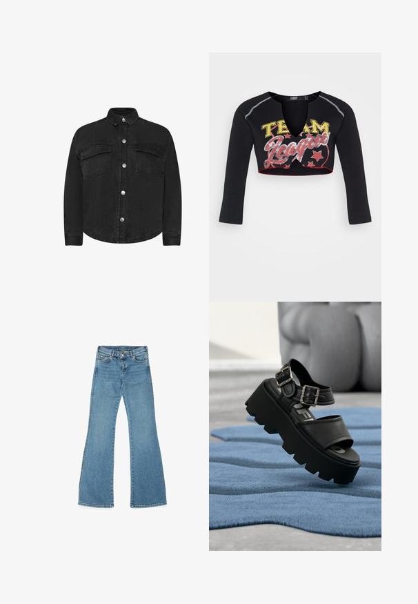 Zwarte spijkerjack met lange mouwen, kraaghals, voorzakken en zilveren drukknoopsluitingen. Soepele textuur, rechte snit.; Jaded London CROPPED RAGLAN WITH CONTRAST STITCH & PLACEMENT SCREEN PRINT - Longsleeve - mehrfarbig; Lichtblauwe denim flared jeans met een vijf-pocket ontwerp, een knoopsluiting en contrasterende stiksels langs de zijnaad.; Zwarte chunky platform sandaal met twee zilveren gespen op een blauw gestructureerd tapijt, op de achtergrond een wazige grijze sculptuur.