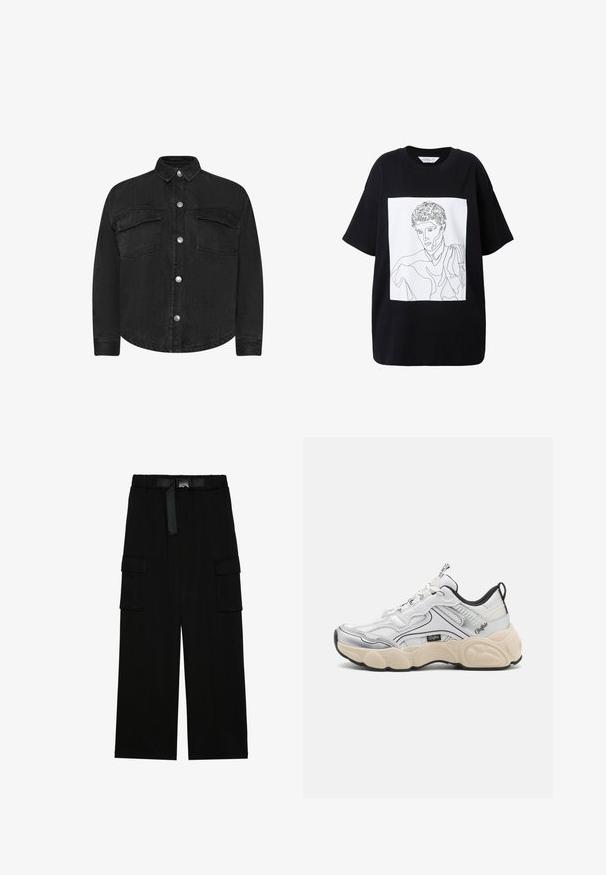 Sort denimjakke med lange ærmer, krave, forlommer og sølvfarvede trykknapper. Glat tekstur, lige snit.; Sort oversized T-shirt lavet af bomuld med en hvid firkantet grafik, der viser en kontinuerlig linjetegning af en mandlig figur.; Sorte cargo bukser med vidde ben, elastisk talje med bælte og to store sidelommer til opbevaring.; Hvid sportsko med mesh- og syntetiske paneler, sølvdetaljer, chunky creme farvet sål og kontrasterende sorte detaljer. Har snøresystem.