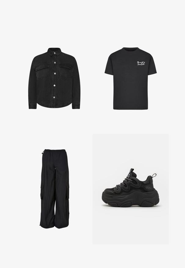 Sort denimjakke med lange ærmer, krave, forlommer og sølvfarvede trykknapper. Glat tekstur, lige snit.; Sort bomulds T-shirt med rund hals. Har hvid tekst, inklusive japanske tegn og "Slurp Away," på venstre brystområde.; Svarte cargobukser med vidde ben, elastisk talje, sidelommer med klap og justerbare snore i talje og forneden.; Sorte sneakers med en chunky design, der har en tekstureret overdel, mesh-paneler og tyk gummisål. Reflekterende snørebånd og branddetaljer er synlige.