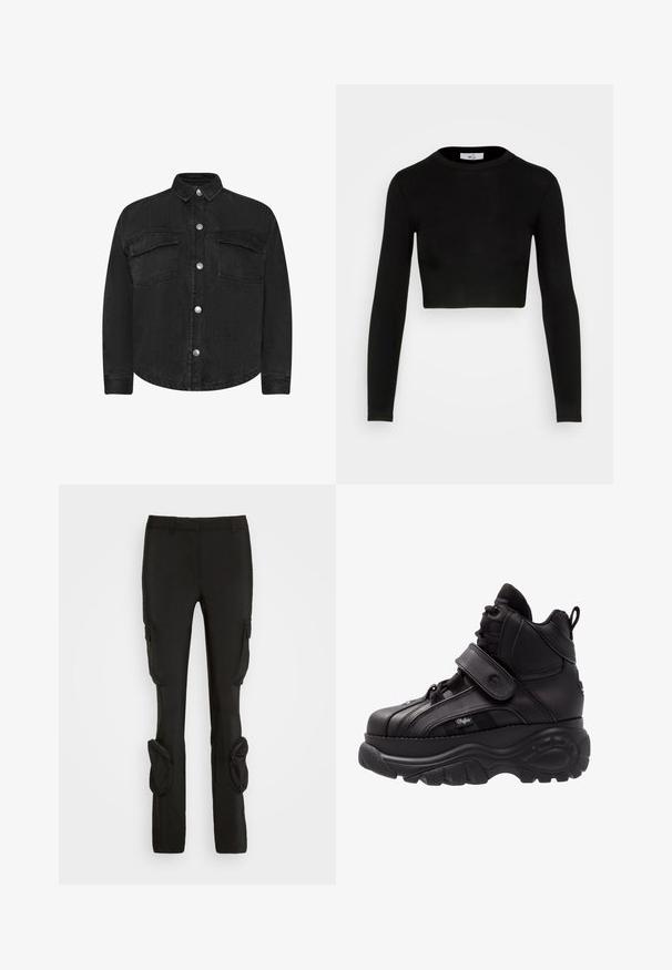Zwarte spijkerjack met lange mouwen, kraaghals, voorzakken en zilveren drukknoopsluitingen. Soepele textuur, rechte snit.; WAL G. X JOEY BACK DETAIL - Longsleeve - black; Weekday ILA CARGO TROUSER - Cargobroek - black; Zwarte hoge sneakers met een dikke rubberen zool, leren bovenwerk, veters en klittenbandsluitingen, en gedetailleerde zijkanten met textuur.