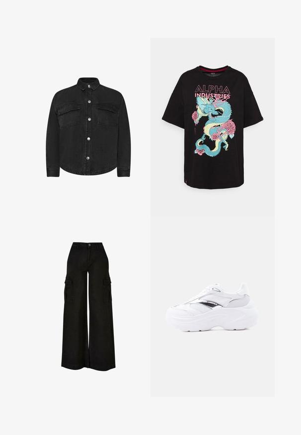 Sort denimjakke med lange ærmer, krave, forlommer og sølvfarvede trykknapper. Glat tekstur, lige snit.; Sort kortærmet T-shirt med et farverigt drage- og rosegrafik, og "ALPHA INDUSTRIES" tekst i pink ovenfor designet. Lavet af bomuldsmateriale.; Sort vidbens cargo bukser med høj talje, frontknap, lynlås, bæltestropper og klaplommer på begge lår.; Hvid chunky sneaker med mesh og læder øvre, tyk sål, metalisk sølvdetalje og "Karl Lagerfeld" branding på siden.