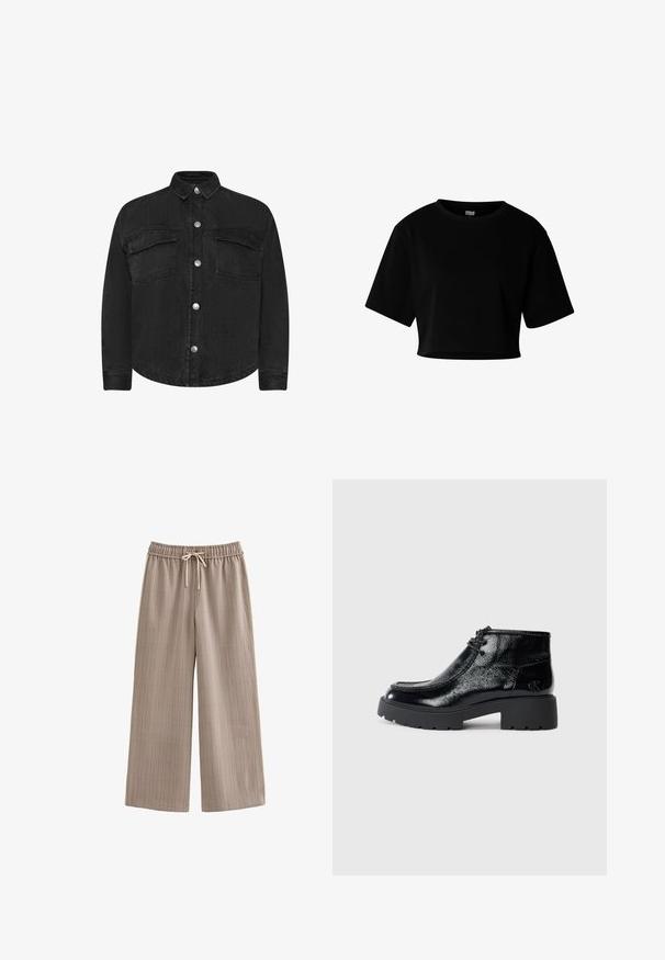 Zwarte spijkerjack met lange mouwen, kraaghals, voorzakken en zilveren drukknoopsluitingen. Soepele textuur, rechte snit.; Zwarte cropped T-shirt met korte mouwen, ronde halslijn, losse pasvorm en Urban Classics-label binnen in de kraag.; Wijde broekspijpen van lichtbruine stof met een subtiel ruitpatroon, voorzien van een elastische tailleband en trekkoordsluiting.; Zwarte gepatineerde leren enkellaarsjes met een ronde neus, vetersluiting aan de voorkant en een stevige rubberen zool. Kenmerken subtiele branding op de hak.