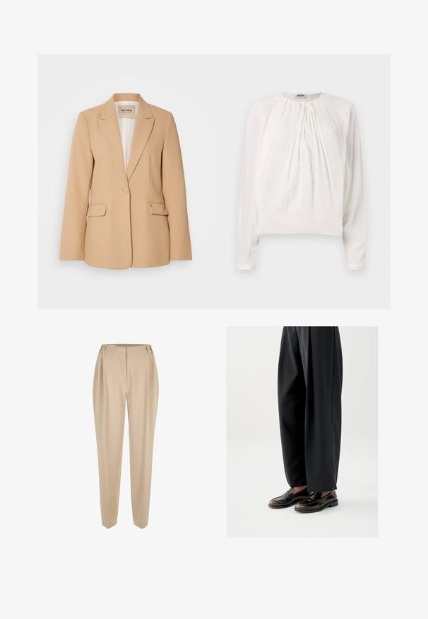 Beige blazer met een gestructureerd ontwerp, sluiting met één knop, twee voorzakken en een gladde afwerking. Gevoerde binnenkant biedt extra comfort.; Witte blouse met lange mouwen, ronde hals en geplooide voorkant. Zacht, glad materiaal met een comfortabele pasvorm en knoopdetails bij de kraag.; Beige op maat gemaakte rechte broek met riemlussen, voorrits en zijzakken, gepresenteerd op een witte achtergrond.; Zwarte loafers met een glanzende leren afwerking, voorzien van een decoratieve band over de bovenkant, gecombineerd met loszittende zwarte broeken.
