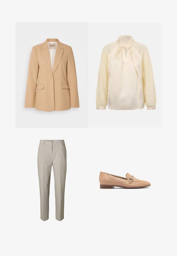 Beige blazer med en struktureret design, enkelt knaplukning, to forlommer og en glat finish. Fóret inderside giver ekstra komfort.; Langærmet bluse i cremefarve med høj krave, plisseret halsudskæring, nøglehuludskæring og manchetter med knapper.; Beige skræddersyede bukser med bæltestropper, lynlås foran og pressede læg ned langs benene, vist mod en hvid baggrund.; Beige læder loafers med en lav hæl, der har et syet design og en lille sølv hardware accent på overdelen. Glat tekstur.