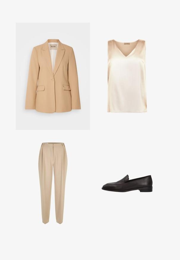 Beige blazer met een gestructureerd ontwerp, sluiting met één knop, twee voorzakken en een gladde afwerking. Gevoerde binnenkant biedt extra comfort.; Beige mouwloos topje gemaakt van gladde stof met een v-hals ontwerp en een rechte zoom. Minimalistische stijl zonder extra patronen of accenten.; Beige op maat gemaakte broeken met riemlussen, rechte pijpen en een verborgen voorknopen, gepresenteerd op een witte achtergrond.; Zwarte leren instaploafer met lage hak en gladde afwerking, getoond in zijaanzicht op witte achtergrond.