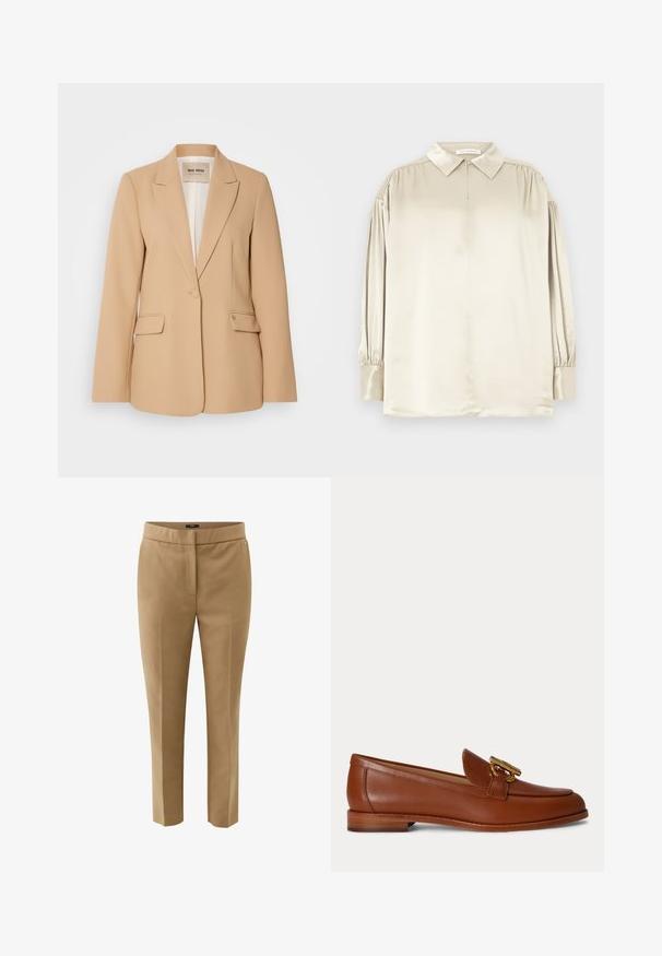Beige blazer med en struktureret design, enkelt knaplukning, to forlommer og en glat finish. Fóret inderside giver ekstra komfort.; Beige satin langærmet bluse med spids krave, knappede manchetter og subtile rynker ved skuldrene, lagt fladt.; Beige skræddersyede bukser med smal pasform, taljebånd og forreste pres, designet til formelt eller erhvervsmæssigt brug.; Brun læder loafer med lav stakket hæl og guldfarvet metal spænde på toppen, vist i sideprofil på en ensfarvet baggrund.