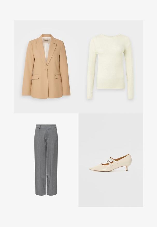 Beige blazer med en struktureret design, enkelt knaplukning, to forlommer og en glat finish. Fóret inderside giver ekstra komfort.; Langærmet top i blødt lysegult stof. Har rund halsudskæring og en slank pasform, med en glat tekstur og minimal sømdetaljering.; Grå habitbukser med lige ben, bæltestropper og detaljer med presserille foran, vist mod en hvid baggrund.; Beige patentlæder Mary Jane-sko med to justerbare spænder, spids tå og en lav hæl. Glat tekstur med en blank finish.