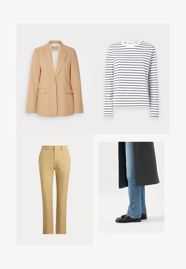 Blazer beige avec une conception structurée, fermeture à un bouton, deux poches avant et une finition lisse. Doublure intérieure offrant un confort supplémentaire.; Chemise à manches longues en coton blanc avec des rayures horizontales noires. Présente un col rond et une coupe décontractée. Pas d'accents ou de motifs notables.; Pantalon beige droit avec passants de ceinture, fermeture éclair à l'avant et plis sur mesure sur un fond clair uni.; Mocassins en cuir noir avec des pampilles, portés avec un jean droit bleu clair, complétés par un manteau gris foncé. Lignes épurées et tissu texturé.