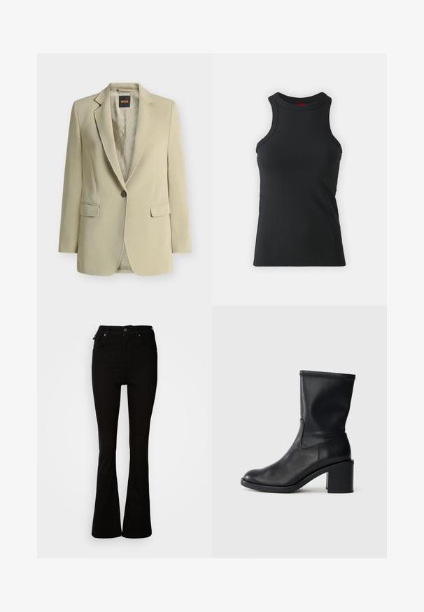 Blazer beige à un bouton, avec revers crantés, poches à rabat et étiquette de doublure de marque visible à l'intérieur du col.; Débardeur sans manches noir en tissu extensible. Présente un col rond et une silhouette ajustée avec des détails de couture minimaux.; Jean noir évasé en denim, avec une taille haute, des poches avant, et un design classique à cinq poches avec des accents en métal.; Botte en cuir noir à cheville avec un bout rond, texture lisse et un talon épais, présentant un tige ajustée et un subtil détail de couture.