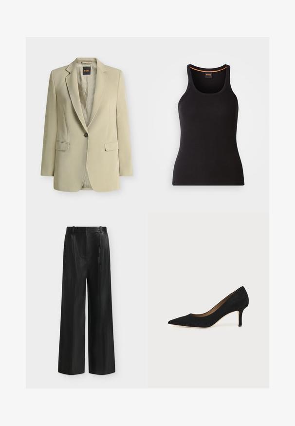 Blazer beige à un bouton, avec revers crantés, poches à rabat et étiquette de doublure de marque visible à l'intérieur du col.; Débardeur noir côtelé avec un col rond. Présente une coupe ajustée et un accent orange au niveau du col. Logo de la marque discrètement brodé à l'avant.; Pantalon noir à jambes larges en simili cuir, taille haute et détail de ceinture sur le côté, sur fond gris clair.; Escarpin en daim noir à bout pointu avec un talon stiletto fin de hauteur moyenne et un design à coupe basse sur un fond uni.