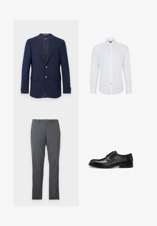 Herren Marineblaues Blazer mit zwei Knöpfen, Reverskragen, Klapptaschen und innerem dunklem Futter, präsentiert vor einem weißen Hintergrund.; Weißes Langarmhemd mit Button-Down-Kragen, ausgestattet mit einer Reihe kleiner Knöpfe und einem einzelnen kontrastierenden Knopf-Akzent.; Graue Anzughose aus glattem, strukturiertem Stoff. Slim-Fit-Design, flacher Vorderteil und keine sichtbaren Verzierungen oder Taschen.; Schwarzer polierter Herrenschuh aus Leder mit geschlossenem Schnürsystem, niedrigem Absatz und dezentem Marken-Detail nahe der Ferse auf weißem Hintergrund.