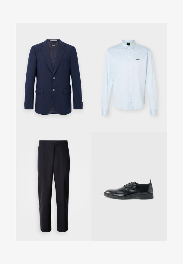 Herren Marineblaues Blazer mit zwei Knöpfen, Reverskragen, Klapptaschen und innerem dunklem Futter, präsentiert vor einem weißen Hintergrund.; Hellblaues langärmliges Hemd mit Knopfleiste und Kragen, schwarzem "BOSS"-Logo auf der linken Brust und geknöpften Manschetten.; Dunkelblaue Hosen aus glattem Stoff, mit geradem Bein-Design, zwei Seiten Taschen und einem Knopfverschluss an der Taille.; Glänzender schwarzer Lederschuh mit niedrigem Absatz, Schnürverschluss und runder Kappe, seitlich auf hellem, schlichten Hintergrund gezeigt.