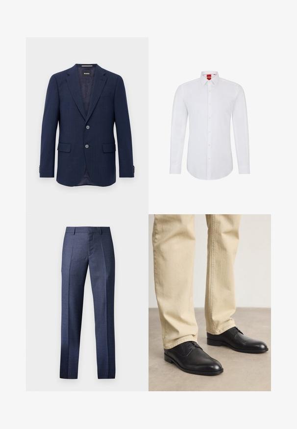 Blazer bleu marine pour homme avec deux boutons, revers en pointe, poches à rabat et doublure intérieure sombre, présenté sur fond blanc.; Chemise blanche à manches longues avec un col, dotée d'une fermeture à boutons sur le devant et d'un tissu doux et lisse. Aucun motif ou accent visible.; Pantalons habillés navy pour hommes, confectionnés à partir d'un tissu texturé, dotés d'une coupe ajustée, d'un devant plat et de deux plis nets le long des jambes.; Chaussures noires en cuir à lacets avec un bout arrondi, finition lisse et détails de couture subtils, portées avec un pantalon beige clair.