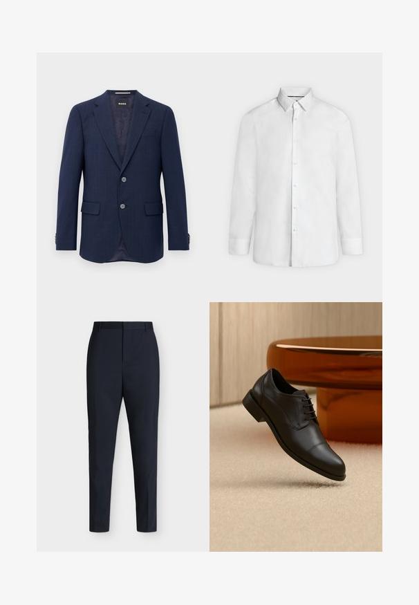 Herren Marineblaues Blazer mit zwei Knöpfen, Reverskragen, Klapptaschen und innerem dunklem Futter, präsentiert vor einem weißen Hintergrund.; Weißes Hemd mit langen Ärmeln, ausgestelltem Kragen und geknöpften Manschetten, frontal auf hellgrauem Hintergrund dargestellt.; Marineblaue, schlank geschnittene formelle Hose mit Gürtelschlaufen und verdecktem Frontverschluss, flach auf einem einfarbigen hellen Hintergrund liegend dargestellt.; Schwarzer, formeller Oxford-Lederschuh mit Schnürsenkeln, der über einem beigen Teppich schwebt, mit einem runden braunen Tisch im Hintergrund.