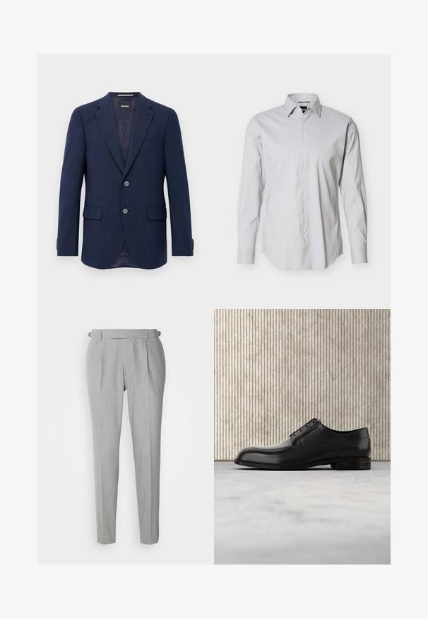 Herren Marineblaues Blazer mit zwei Knöpfen, Reverskragen, Klapptaschen und innerem dunklem Futter, präsentiert vor einem weißen Hintergrund.; Hellgraues Herrenhemd mit langen Ärmeln, durchgehender Knopfleiste, spitzem Kragen und ein-Knopf-Manschetten auf schlichtem weißem Hintergrund.; BOSS PEPE - Stoffhose - silver; Schwarze Leder-Dressschuhe mit einer runden Zehenpartie, glatter Oberfläche, minimalen Nähten und flacher Sohle mit dezentem Branding an der Ferse.