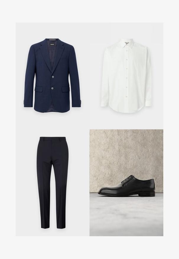 Herren Marineblaues Blazer mit zwei Knöpfen, Reverskragen, Klapptaschen und innerem dunklem Futter, präsentiert vor einem weißen Hintergrund.; Weißes Hemd mit langen Ärmeln, Knopfleiste vorne, klassischem Kragen und Manschetten, auf hellem einfarbigem Hintergrund präsentiert.; Marineblaue maßgeschneiderte Hosen, mit flachem Frontschnitt, slim fit, mit Gürtelschlaufen und Seitentaschen. Glattes Material mit einem klaren Finish, ohne sichtbare Muster oder Akzente.; Schwarze Leder-Dressschuhe mit einer runden Zehenpartie, glatter Oberfläche, minimalen Nähten und flacher Sohle mit dezentem Branding an der Ferse.