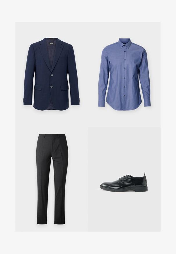 Herren Marineblaues Blazer mit zwei Knöpfen, Reverskragen, Klapptaschen und innerem dunklem Futter, präsentiert vor einem weißen Hintergrund.; Langarm-Blaues Hemd mit spitzem Kragen und schwarzen Knöpfen vorne, vor weißem Hintergrund dargestellt.; Maßgeschneiderte dunkelgraue Hose mit glatter Textur, schlankem Schnitt, flachem Frontdesign und normalem Bund. Verfügt über gepresste Falten und keine sichtbaren Muster.; Glänzender schwarzer Lederschuh mit niedrigem Absatz, Schnürverschluss und runder Kappe, seitlich auf hellem, schlichten Hintergrund gezeigt.