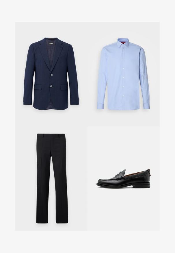 Herren Marineblaues Blazer mit zwei Knöpfen, Reverskragen, Klapptaschen und innerem dunklem Futter, präsentiert vor einem weißen Hintergrund.; Hellblaues langärmliges Hemd aus Baumwolle mit klassischem Kragen und Knopfleiste mit weißen Knöpfen. Glatte Textur.; Schwarze maßgeschneiderte Hose mit geradem Schnitt, scharfen Falten und glatter Oberfläche. Hergestellt aus leichtem Stoff mit einem sauberen Bund.; Schwarzer Leder-Herrenschuh mit Mokassinnaht, Penny-Riemen, strukturiertem Kragen und niedrigem gestapeltem Absatz auf weißem Hintergrund.