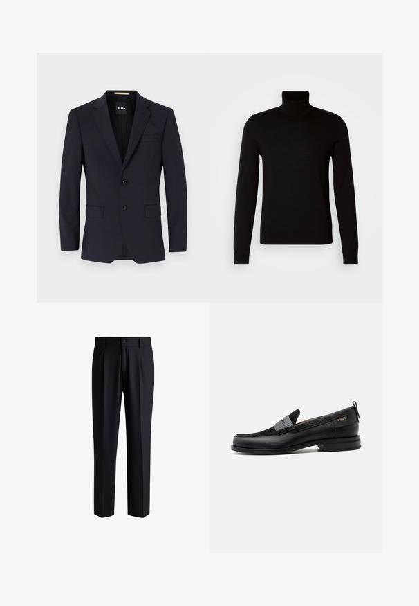 Marineblauer taillierter Blazer mit Reverskragen, Zwei-Knopf-Verschluss, Vordertaschen und einer Brusttasche. Glattes Material, strukturierte Passform.; Schwarzer Rollkragenpullover aus feiner Strickware, mit langen Ärmeln und taillierter Silhouette. Glatte Textur mit gerippten Bündchen.; Schwarze Hose aus glattem Stoff, mit geradem Bein-Design, Falten vorne und einem Knopfverschluss mit Gürtelschlaufen.; Schwarzer Lederloafer mit grauem Riemendetail, niedrigem Absatz und strukturierter Sohle, seitlich mit „HUGO“ in Gold gebrandmarkt.