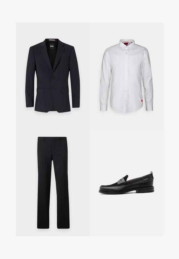 Marineblauer taillierter Blazer mit Reverskragen, Zwei-Knopf-Verschluss, Vordertaschen und einer Brusttasche. Glattes Material, strukturierte Passform.; Weiße Langarmbluse mit Button-Down-Kragen, aus leichtem Stoff gefertigt. Enthält ein dezentes Markenetikett in rot an der unteren Seite.; Schwarze maßgeschneiderte Hose mit geradem Schnitt, scharfen Falten und glatter Oberfläche. Hergestellt aus leichtem Stoff mit einem sauberen Bund.; Schwarzer Lederloafer mit grauem Riemendetail, niedrigem Absatz und strukturierter Sohle, seitlich mit „HUGO“ in Gold gebrandmarkt.