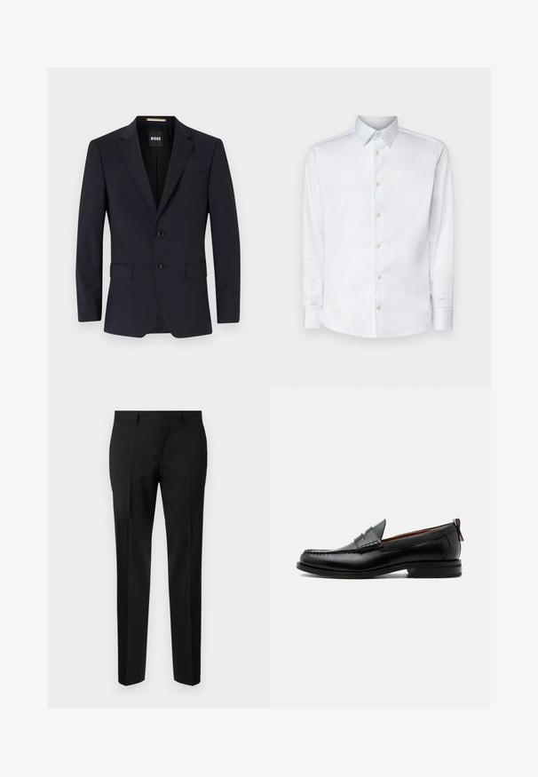 Marineblauwe blazer met opgestikte kraag, twee knopen, voorzakken en een enkele borstzak. Gladde stof, gestructureerde pasvorm.; Witte lange mouw shirt gemaakt van gladde stof, met een klassieke kraag, knoopsluiting en manchetten met knopen, gepresenteerd tegen een effen achtergrond.; Zwarte op maat gemaakte broeken van een gladde stof, met een rechte pijp, verfijnde plooidetails en een klassieke tailleband met riemlussen.; Zwarte leren herensloffen met moc toe stiksel, pennyriem, gestructureerde kraag en lage gestapelde hak op witte achtergrond.