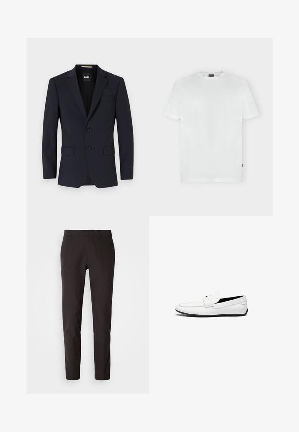 Marineblauwe blazer met opgestikte kraag, twee knopen, voorzakken en een enkele borstzak. Gladde stof, gestructureerde pasvorm.; Wit T-shirt met korte mouwen en ronde hals, met een subtiel logo op de linkerbuste en een klein zwart labeltje in de linker zijnnaad.; Zwarte broeken van gladde stof, met een rechte snit, een standaard tailleband met een knoopsluiting, en zonder zichtbare zakken of patronen.; Witte leren loafers met een gladde afwerking, voorzien van een gestikte accent, een ronde neus en een zwarte rubberen zool voor grip.
