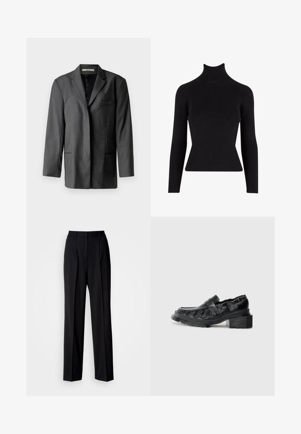 Blazer cintré gris en matériau léger ; il dispose d'un col cranté, d'une poche poitrine unique et de deux poches avant, avec une doublure intérieure lisse.; Pull à col roulé noir à côtes avec des manches longues, silhouette ajustée, tissu texturé et col haut.; Pantalon noir ajusté avec taille haute, plis et coupe à jambes larges. Confectionné en tissu lisse, avec devant plat et passants pour ceinture.; Mocassins en cuir noir avec une semelle structurée, présentant un talon bloc légèrement surélevé et un dessus texturé, maintenus par une sangle à l'avant.