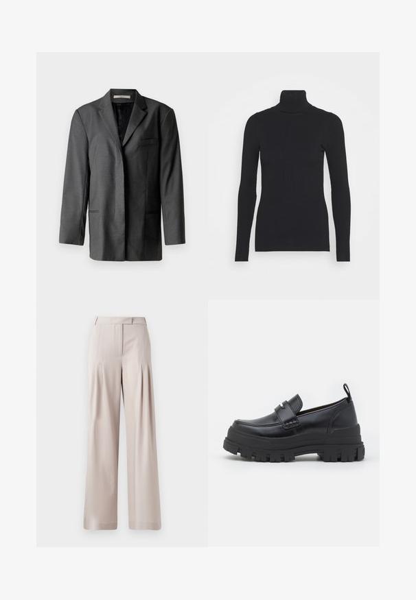 Grijze op maat gemaakte blazer van een lichtgewicht materiaal; heeft een gekarteld revers, een enkele borstzak en twee voorzakken, met een soepele binnenvoering.; Zwarte geribde coltrui met lange mouwen en een aansluitende pasvorm. De textuur is glad met een horizontaal ribpatroon.; Beige wijde broek met een zachte textuur, geplooide voorkant en een op maat gemaakte tailleband. Geschikt voor formele of casual gelegenheid.; Zwarte leren loafer met dikke geribbelde zool, moc-toe stiksels, banddetail bovenaan en een trekband bij de hiel, zijaanzicht getoond.