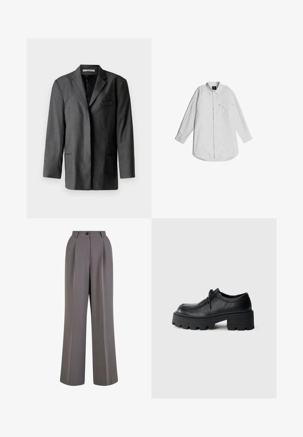 Blazer cintré gris en matériau léger ; il dispose d'un col cranté, d'une poche poitrine unique et de deux poches avant, avec une doublure intérieure lisse.; Chemise blanche à manches longues en coton léger. Dotée d'un col boutonné, d'une poche avant et de détails de couture subtils.; Pantalons à jambe large en tissu gris, dotés de plis avant, d'une fermeture à un bouton et de poches latérales. Texture lisse et design ajusté.; Chaussure en cuir noir à lacets avec une semelle en caoutchouc noir épaisse et texturée et un bout arrondi. Présente des détails de couture discrets.
