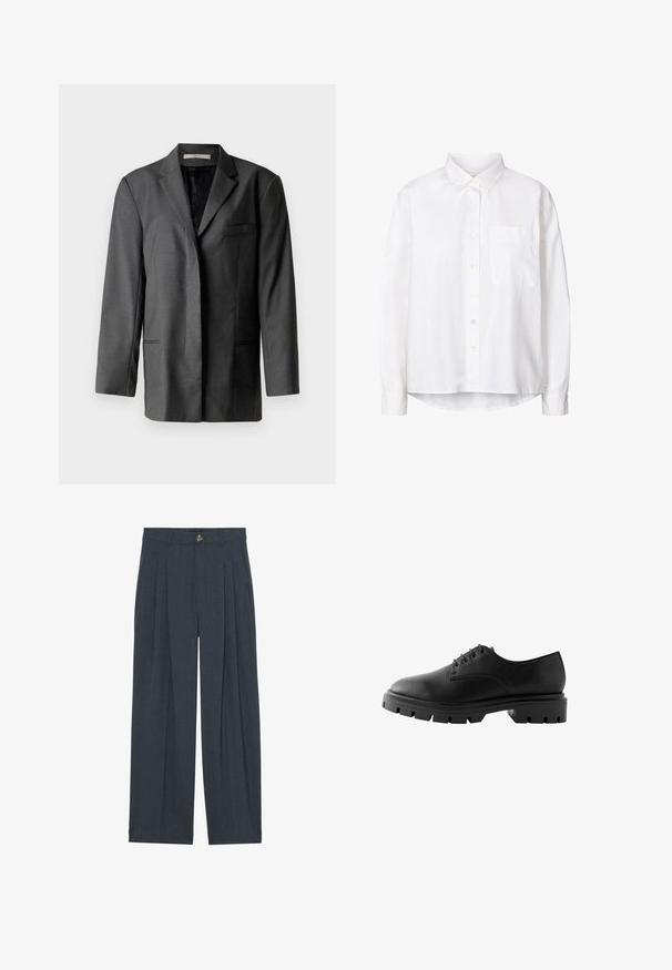 Grau maßgeschneiderter Blazer aus leichtem Material; verfügt über einen Reverskragen, eine einzelne Brusttasche und zwei Fronttaschen sowie ein glattes Innenfutter.; Weißes Langarm-Hemd mit Knopfleiste aus leichtem Stoff, mit klassischem Kragen, einer einzelnen Brusttasche und abgerundetem Saum.; Weite Hosen aus strukturiertem dunkelgrauem Stoff, mit vorderen Falten, einem Knopfverschluss und seitlichen Taschen für zusätzlichen Komfort.; Schwarzer Lederschuh mit abgerundetem Zehenbereich, sechs Ösen, flachen Schnürsenkeln und einer stabilen Gummisohle mit tiefen Profilmustern.