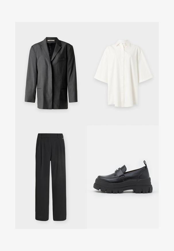 Grijze op maat gemaakte blazer van een lichtgewicht materiaal; heeft een gekarteld revers, een enkele borstzak en twee voorzakken, met een soepele binnenvoering.; Wit overhemd met korte mouwen, knopen, kraag, rechte zoom en een comfortabele pasvorm op een effen lichte achtergrond.; Zwarte, hoog getailleerde, wijde broek met riemlussen en voorplooien, weergegeven tegen een effen witte achtergrond.; Zwarte leren loafer met dikke geribbelde zool, moc-toe stiksels, banddetail bovenaan en een trekband bij de hiel, zijaanzicht getoond.