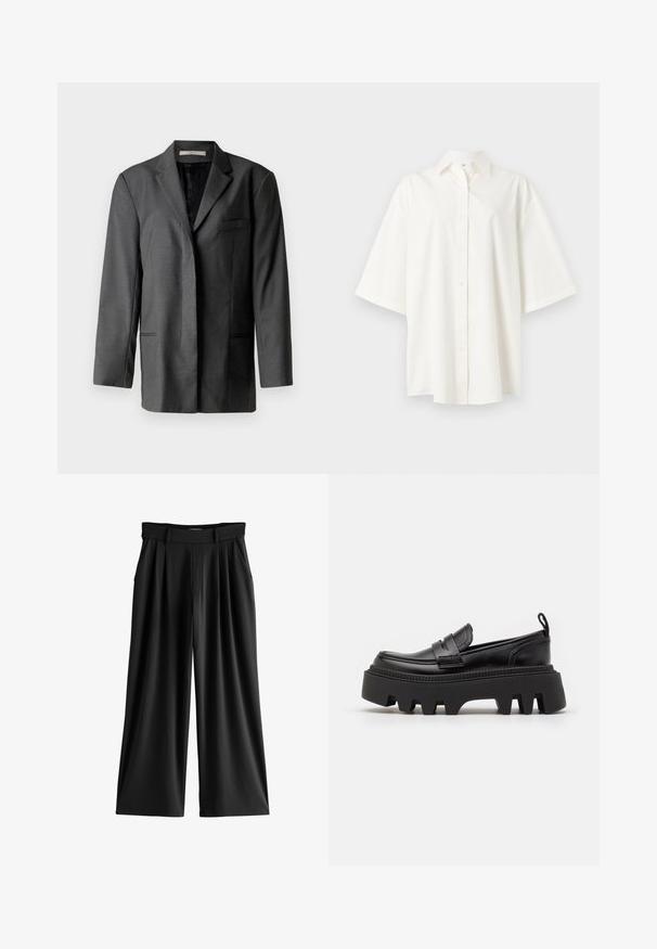 Blazer cintré gris en matériau léger ; il dispose d'un col cranté, d'une poche poitrine unique et de deux poches avant, avec une doublure intérieure lisse.; Chemise blanche à manches courtes avec boutons, col, ourlet droit et coupe ample sur un fond clair uni.; Pantalon noir à jambes larges avec plis, poches latérales et ceinture avec passants.; Mocassins en cuir noir avec une semelle en caoutchouc noir épaisse, dotées de rainures antidérapantes et d'une sangle décorative à l'avant.