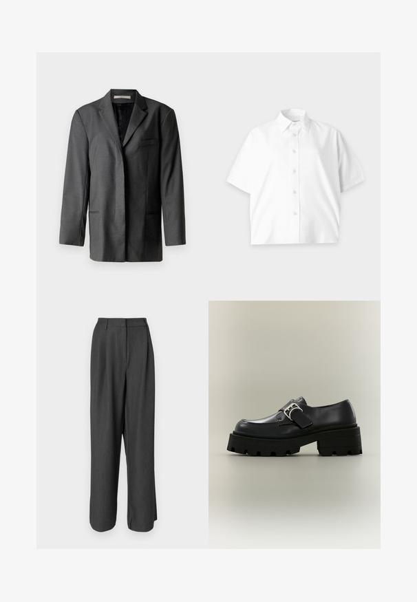 Grå skræddersyet blazer i letvægtsmateriale; har en notch-lapel, en enkelt brystlomme og to forlommer med en glat inderfor.; Hvid kortærmet skjorte med knapper og krave, enkelt design og diskret logo på brystet, vist på en lys baggrund.; Mørkegrå, brede bukser med skræddersyet design. Har en glat tekstur, afdeling detaljer og en mellemhøj talje.; Sort læderloafer med chunky sål og sølvspænde, fotograferet mod en ensartet lys grå baggrund.