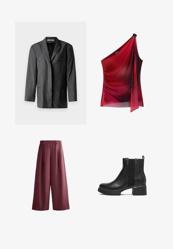 Grå skræddersyet blazer i letvægtsmateriale; har en notch-lapel, en enkelt brystlomme og to forlommer med en glat inderfor.; Asymmetrisk rød top lavet af let, gennemsigtigt stof. Har en rynket sidedesign med drapering og en knudedetalje på den ene skulder.; Bredbenede, højtaljede bukser med kort længde i tekstureret bordeauxstof med elastik i taljen og folder foran.; Sort ankelstøvle med blankt læderfinish, elastiske sidepaneler, blokhæl og gummisål med tekstur og riller.