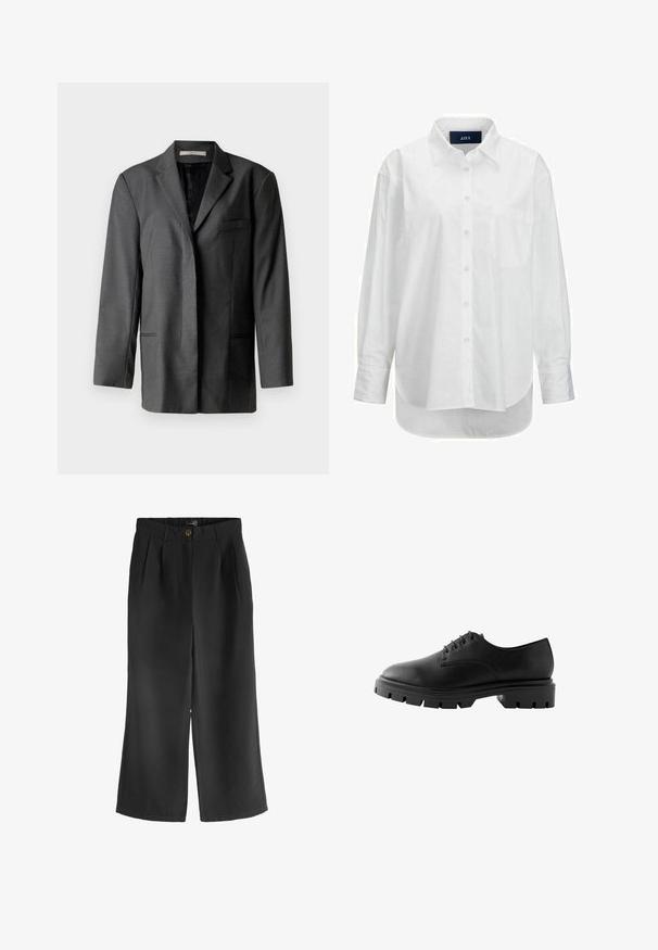 Grå skræddersyet blazer i letvægtsmateriale; har en notch-lapel, en enkelt brystlomme og to forlommer med en glat inderfor.; Hvid langærmet skjorte i glat bomuld med knapkrave, frontlomme og buet nederkant. Har en rygskulder for ekstra struktur.; Sorte bukser med brede ben og en glat tekstur, der har en frontknaplukning og plisse detaljer for et afslappet, skræddersyet look.; Sorte lædersko med rund tå, seks snørrehuller, flade snørebånd og en kraftig gummisål med dybe mønstre.