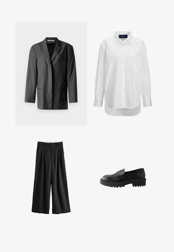 Šedý upravený blazer vyrobený z ľahkého materiálu; má klopový golier, jednu náprsní kapsu a dve predné vrecká s hladkou vnútornou podšívkou.; Biele dlhé rukávy košele z hladkej bavlny s golierom na gombíky, prednou vreckom a zakriveným lemom. Obsahuje zadný diel pre zvýšenú štruktúru.; Čierne nohavice s širokými nohavicami, záhybmi, bočnými vreckami, pútkami na opasok a čistým predným zapínaním, zobrazené na bielom pozadí.; Čierne kožené loafery s okrúhlym špičkou, zvýrazneným švom a masívnou gumovou podrážkou s hlbokým dezénom pre lepšiu trakciu.