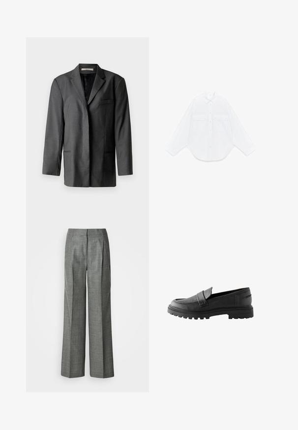 Šedý upravený blazer vyrobený z ľahkého materiálu; má klopový golier, jednu náprsní kapsu a dve predné vrecká s hladkou vnútornou podšívkou.; Biela košeľa s dlhým rukávom na gombíky so špicatým golierom a dvoma prednými vreckami na patenty, položená na bielom pozadí.; Šedé široké nohavice z textúrovanej látky, s prestrihmi, hladkým predným dielom a priamym strihom. Bez viditeľných vreciek alebo ozdôb.; Čierne kožené mokasíny s textúrovaným povrchom, zaoblenou špičkou a hrubou gumovou podrážkou s hlbokými drážkami. Jednoduchý pásikový detail cez prednú časť.