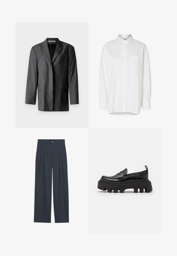 Grå skræddersyet blazer i letvægtsmateriale; har en notch-lapel, en enkelt brystlomme og to forlommer med en glat inderfor.; Hvid langærmet skjorte med knapper, spids krave og brystlomme, vist mod en ensfarvet baggrund.; Vide bukser lavet af tekstureret mørkegråt stof, med foran pliserede detaljer, en knaplukning og sidelommer for ekstra funktionalitet.; Sorte læder loafers med en kraftig sort gummisål, der har skridsikre riller og et dekorativt bånd over forsiden.