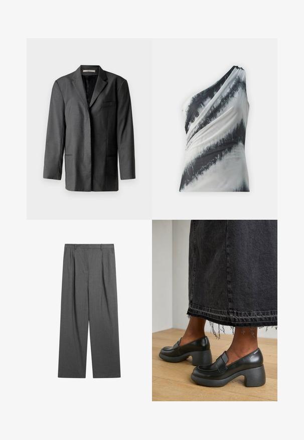 Grijze op maat gemaakte blazer van een lichtgewicht materiaal; heeft een gekarteld revers, een enkele borstzak en twee voorzakken, met een soepele binnenvoering.; Asymmetrische top met één schouder in een zwart-wit tie-dye patroon, gemaakt van een soepele stof met gedrapeerde details en een zachte textuur.; Donkergrijze pinstripe broek met wijde pijpen, riemlussen, voorplooien en een haak-en-stangsluiting.; Zwarte leren blockhak schoenen met een ronde neus en gestikte details. Draag ze met een rafelrand donkerdenim rok op een houten vloer.