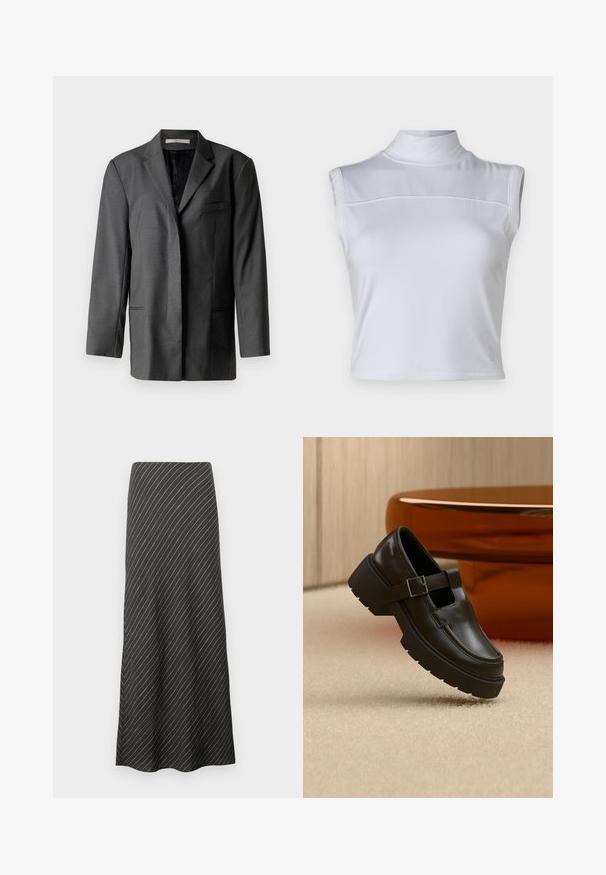 Grijze op maat gemaakte blazer van een lichtgewicht materiaal; heeft een gekarteld revers, een enkele borstzak en twee voorzakken, met een soepele binnenvoering.; Witte mouwloze top met een hoge nek, een gladde textuur en een cropped ontwerp. Heeft een horizontale naad over de borst.; Zwarte midi-rok met diagonale witte strepen, gemaakt van een gladde stof. Heeft een uitgewaaierde stijl en een A-lijn silhouette.; Zwarte leren schoen met een dikke zool en een gespband, zwevend boven een beige tapijt naast een bruin ovaal tafelblad.