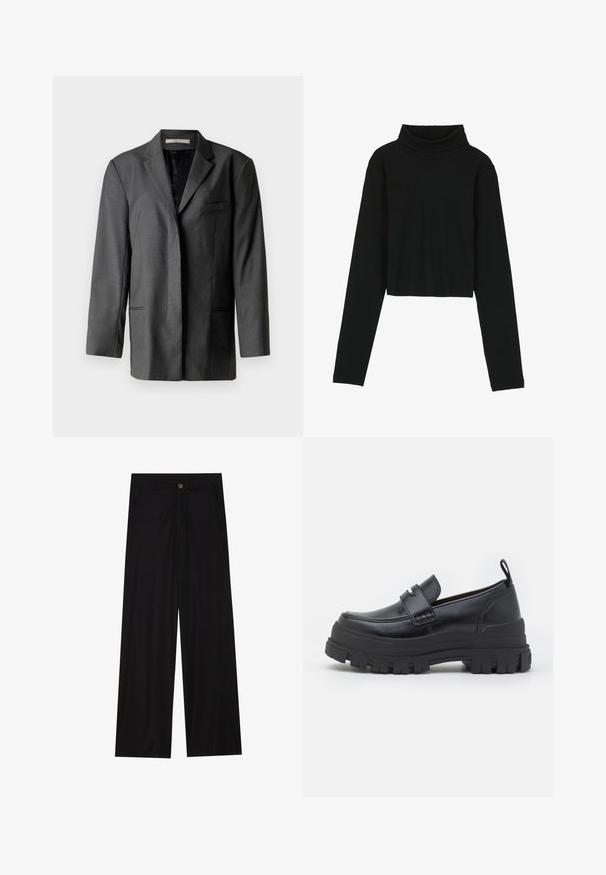 Grå skræddersyet blazer i letvægtsmateriale; har en notch-lapel, en enkelt brystlomme og to forlommer med en glat inderfor.; Even&Odd Langærmet T-shirt - black; Bredde ben sorte bukser lavet af et glat stof, med forlommer og knaplukning i taljen. Minimalistisk design uden mønstre.; Sort læderloafer med tyk rillede sål, mok tå syning, remdetalje over toppen og trækstrop på hælen, vist i sideprofil.