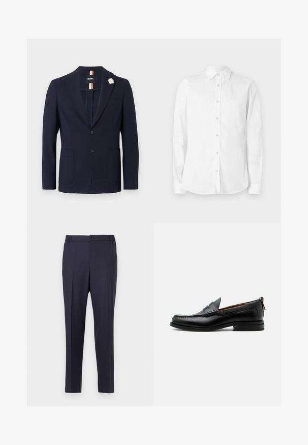 Blazer azul marino de tejido texturado con diseño de un solo botón, dos bolsillos frontales y un pin de solapa en forma de flor blanca.; Camisa blanca de manga larga con botones, hecha de algodón. Presenta un cuello puntiagudo y un pequeño logo bordado en el pecho. Textura suave.; Pantalones azul marino con frente plano, cintura elástica y cierre de botón. Corte recto y textura suave, adecuados para uso formal o casual.; Mocasín de hombre de piel negra con costura moc toe, tira penny, cuello texturizado y tacón bajo apilado sobre fondo blanco.