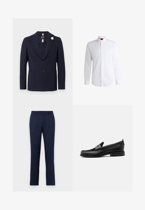 Blazer azul marino de tejido texturado con diseño de un solo botón, dos bolsillos frontales y un pin de solapa en forma de flor blanca.; Camisa blanca de botones, confeccionada en tela suave, con collar clásico, mangas largas y dobladillo curvado. Presenta botones beige en la parte delantera.; Pantalones de corte entallado en azul marino con pasadores para cinturón, cierre frontal con cremallera y ajuste recto sobre un fondo blanco liso.; Mocasín de cuero negro con detalle de tira gris, tacón bajo y suela texturizada, con la marca "HUGO" en oro en el lateral.