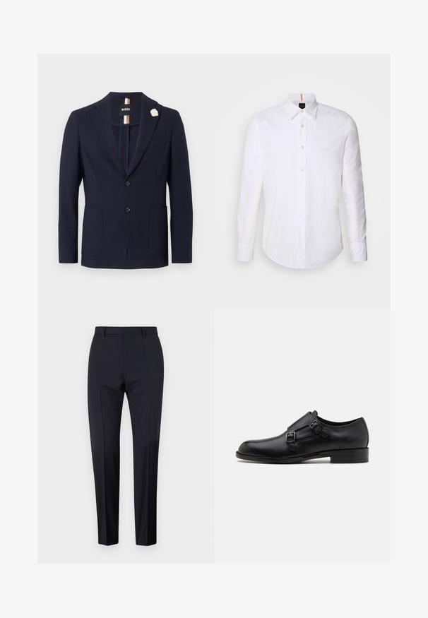 Navy-Blazer aus strukturiertem Stoff mit einreihigem Design, zwei vorderen Taschen und einer weißen Blumen-Anstecknadel.; Weiße langärmlige Button-Down-Hemd aus Baumwolle, mit klassischem Kragen, subtiler Logo-Detailierung auf der Brust und weißen Knöpfen.; Marineblaue maßgeschneiderte Hosen, mit flachem Frontschnitt, slim fit, mit Gürtelschlaufen und Seitentaschen. Glattes Material mit einem klaren Finish, ohne sichtbare Muster oder Akzente.; Schwarze Leder- Schnürschuhe mit doppelten Schnallen, schlanker Silhouette und runder Zehenpartie. Sie verfügen über einen niedrigen Absatz und eine glatte Textur.