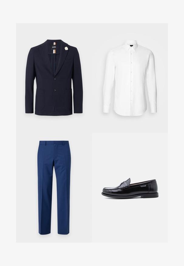 Blazer azul marino de tejido texturado con diseño de un solo botón, dos bolsillos frontales y un pin de solapa en forma de flor blanca.; Camisa blanca de manga larga, con cierre de botones en el frente, cuello clásico, confeccionada con una tela suave con una textura sutil, diseñada para un ajuste entallado.; Pantalones azul marino con un diseño de pierna recta, que incluyen un frente plano, una textura sutil, trabillas para cinturón y un cierre de cremallera.; Mocasines de cuero negro con acabado brillante, que presentan un diseño cosido en la puntera y una suela baja de goma negra texturizada.