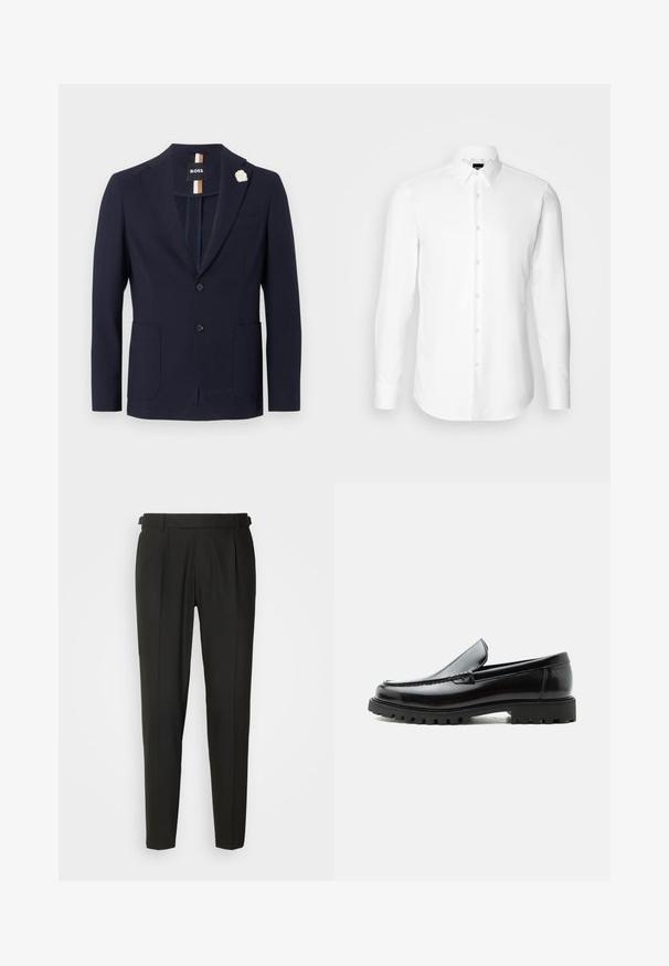 Blazer azul marino de tejido texturado con diseño de un solo botón, dos bolsillos frontales y un pin de solapa en forma de flor blanca.; Camisa blanca de manga larga, con cierre de botones en el frente, cuello clásico, confeccionada con una tela suave con una textura sutil, diseñada para un ajuste entallado.; Pantalones negros ajustados con frontales lisos, dos pliegues, trabillas para cinturón y diseño de pierna recta. Fabricados con una tela suave y ligera.; Mocasín de cuero negro con suela de goma gruesa, empeine cosido y nombre de la marca en relieve en el talón, mostrado en perfil lateral sobre fondo blanco.