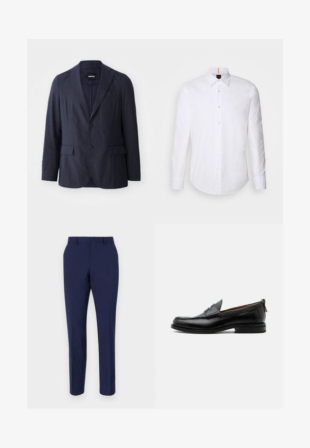 Blazer azul marino hecho de tela con un acabado texturizado, que presenta una solapa con muesca, dos bolsillos frontales y cierre de dos botones. Etiqueta de la marca visible.; Camisa blanca de manga larga y corte clásico, hecha de algodón, que presenta un cuello clásico, un logo sutil cerca del pecho y botones blancos.; Pantalones ajustados azul marino hechos de una tela suave, con un corte slim, frente plano y una cinturilla estándar con pasadores para cinturón.; Mocasín de hombre de piel negra con costura moc toe, tira penny, cuello texturizado y tacón bajo apilado sobre fondo blanco.
