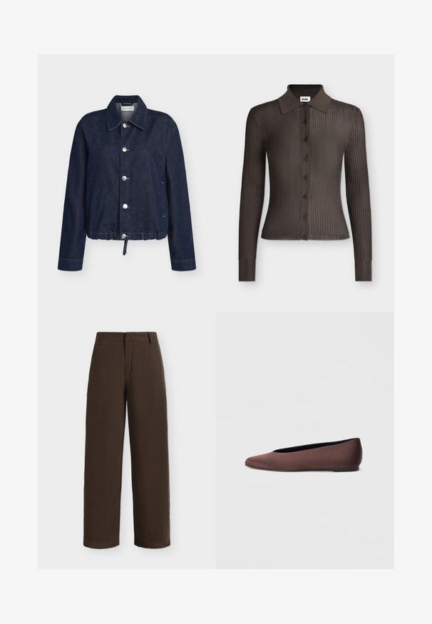 Veste en denim bleu foncé avec col pointu, cinq boutons argentés, manches longues, poches latérales et ourlet à cordon.; Chemise marron foncé à manches longues en tissu côtelé, boutonnée, col pointu et silhouette cintrée.; Pantalon marron foncé à jambe droite avec passants de ceinture et fermeture éclair avant, présenté sur un fond blanc uni.; Ballerines en tissu marron avec un bout pointu et une texture lisse, dotées d'un talon bas et d'une fine semelle noire. Aucune motif ni élément métallique visible.