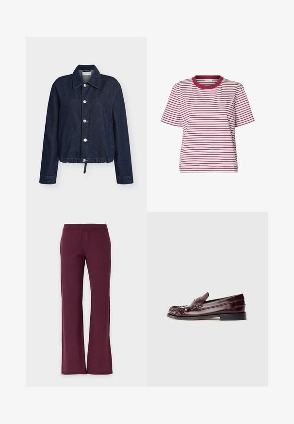 Veste en denim bleu foncé avec col pointu, cinq boutons argentés, manches longues, poches latérales et ourlet à cordon.; T-shirt blanc à manches courtes avec fines rayures horizontales rouges et un col rond rouge uni.; Pantalon droit de couleur bordeaux foncé uni avec une taille élastique, en tissu doux.; Mocassin penny en cuir bordeaux avec semelle noire et détail en métal doré sur le dessus, présenté en vue latérale sur fond blanc.